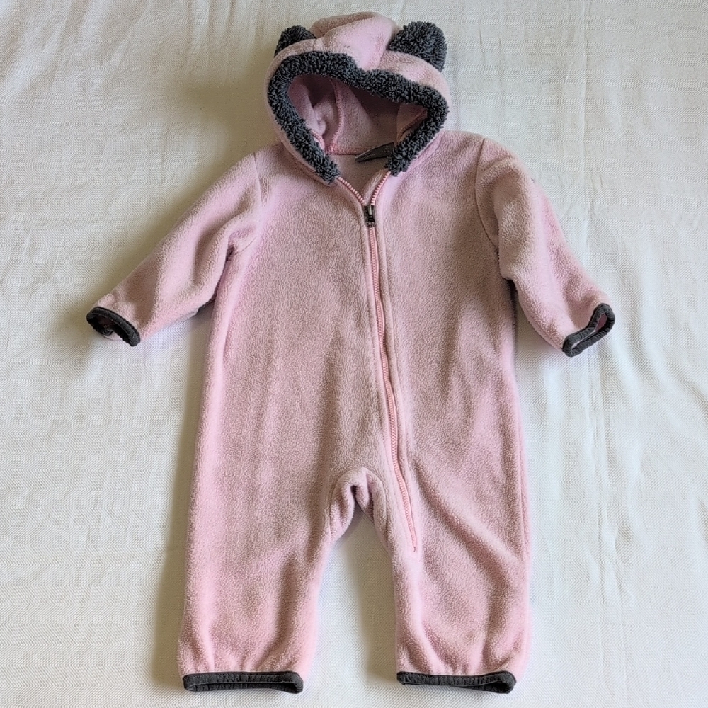 columbia tiny bear fleece hooded bunting pink gray trim 3-6 months baby girl